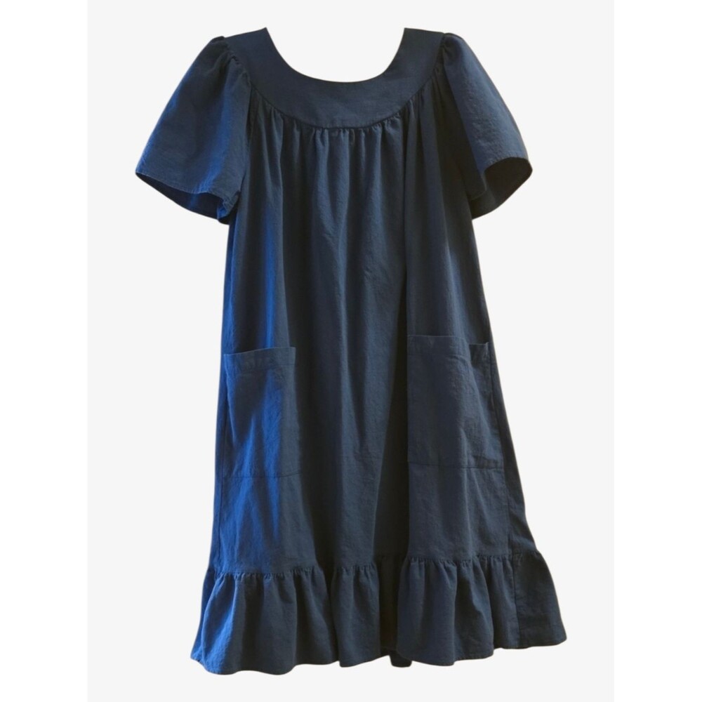 Vintage 100% Cotton Navy Ruffle-Hem Smock Dress with Pockets Grandma Core size M